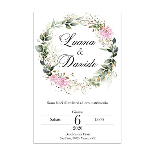 Partecipazioni Di Matrimonio Personalizzate Con Peonie Rosa E Foglie Verdi - 10 Inviti Con Buste