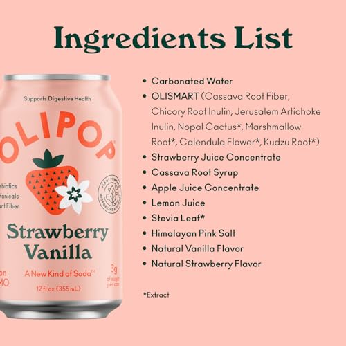 OLIPOP - Strawberry Vanilla Sparkling Tonic, Healthy Soda, Prebiotic Soft Drink, Aids Digestive Health, Contains Prebiotics & 9g of Plant Fiber, Caffeine Free, Low Calorie, Low Sugar (12 oz, 4-Pack)