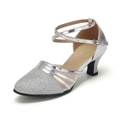 Yefree für Damen Lateinamerikanische Tanzschuhe von runde Form mit Knöchelriemen und Gummisohle mit mittelhohem Absatz Cover