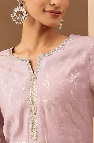 Image of Janasya Women's Lavender Silk Blend Embellished Gold Printed Straight Kurta Set