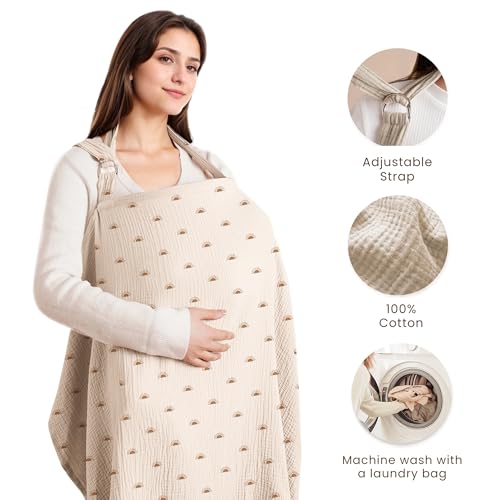 Image of Konssy Muslin Nursing Cover Up for Breastfeeding with Rigid Hoop | 100% Cotton Nursing Apron, Lightweight & Breathable, Carseat Canopy, Breast Feeding Covers for Women