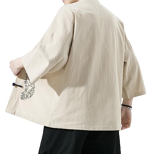 Image of Mens Kimono Cardigan Cotton Linen Japanese Shirt 3 /4 Sleeve Haori Yukata | Skin-Friendly Solid Color Lightweight Shawl Collar Kimono Robe Embroidery Button Tie Pockets Happi Coat All Season Daily Wear