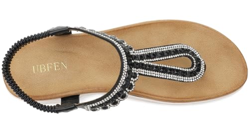 Image of UBFEN Womens Flat Sandals with Arch Support - T-Strap Thong Sandals with Elastic Back Strap, Comfortable for Walking, Bling, Rhinestone, Dressy