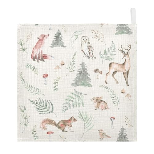 Image of vvfelixl Watercolor Forest Animals Baby Burp Cloths Baby Muslin Washcloths for Boys Girls Cotton Baby Face Towel for Newborn Infants Soft and Absorbent 11.8 X 11.8 in, 5 Pack