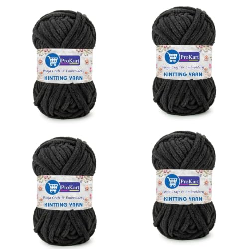 Image of ProKart Premium Blankie Wool, Plush & Cuddly, Chenille Yarn Supersoft Hand Knitting Wool Ball | Blanket Thick /Mottu Yarn Ball Suitable for Hand Knitting and Crocheting (Black, 100gms x 4 Pack)