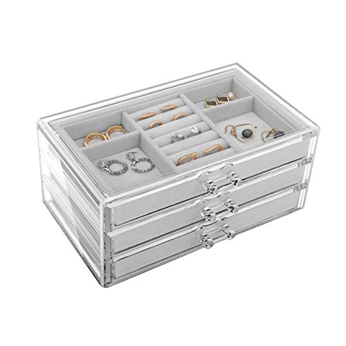 Emibele Jewelry Box, 3 Drawers Velvet Jewelry Organizer for Ring Earring Necklace Bracelet Display Clear Acrylic Jewelry Storage Case Gift for Women Ladies Girls - Gray