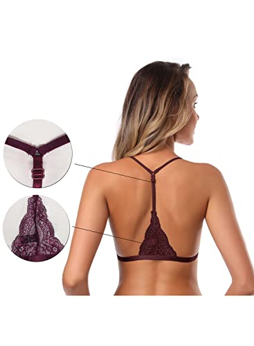 Image of SHEKINI Women's Embroidered Triangle Bra Front Closure Plunge Wireless Lightly Lined Lace Bralette Top