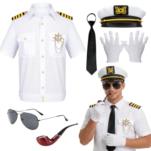 PANMAY Kapitän Matrose Kostüm Männer, Marine Weiß Kostüm-8Stück mit Kapitäne Weiß Jacke...