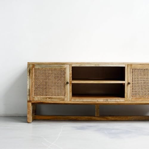 Image of Premium Solid Wood, 10 Minutes Assembly (Legs Only), Aesthetic Rattan Doors, Mid Century Entertainment Center for Living Room, TV Stand for 65 inch TV, Dark Chocolate (Natural Finish)