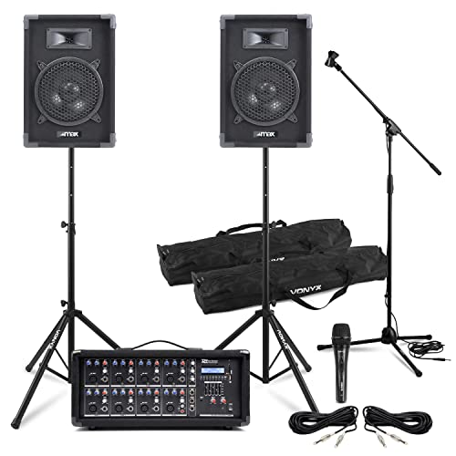 Complete 800W PA System Bundle - 2x 8" Passive Speakers, 8-Channel Powered Mixer With Bluetooth/USB, 2x 6m Cables - For Bands, Church, Gigs-510148