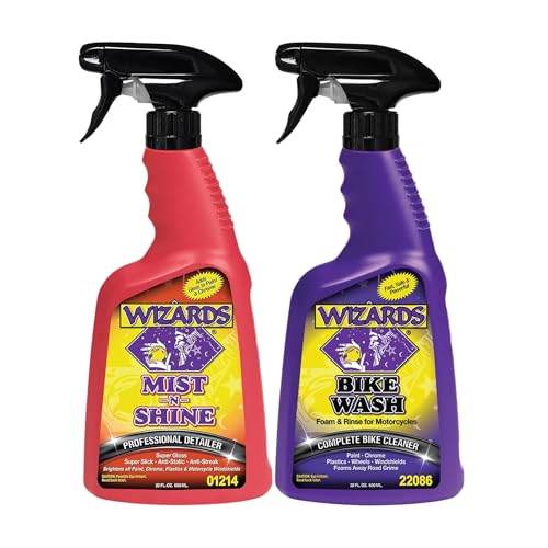 Wizards Mist-N-Shine Detail Spray and Bike Wash Bundle - 22 Oz - Multi-Purpose High Gloss Finish Waterless Quick Detailer Spray for Glass, Chrome, Paint and Plastics - Cleaner For Motorcycle Washing