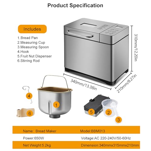 NaMaSyo 650W Automatische Brotbackautomat Brotbackmaschine Brotmaschine Programmierbare Brotmaschine Digital Touch Auto Nut Dispenser Automatische Zubereitung & Warmhaltefunktion – Bild 3