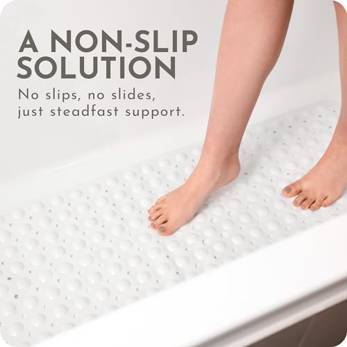 White Bath Mat - Machine Washable Shower Mat For Kids And Elderly - (101x40cm) Extra Long Bath Mat Non Slip Anti Mould Shower Mat - Rubber Suction Cup Non-Slip Bath Mats for Inside Bath