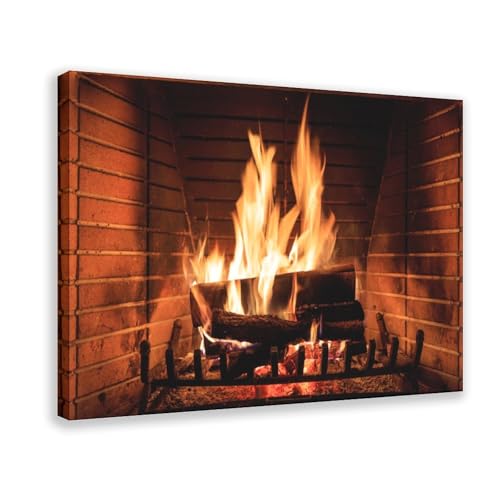 Burning Fireplace Poster, Framed Design Prints,Minimalist Classic Decor Aesthetic for