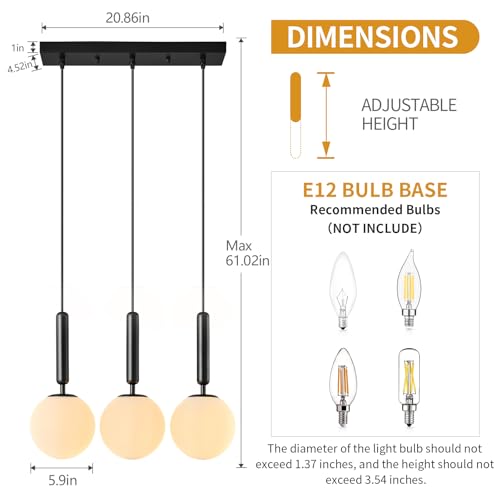 Image of Modern Black Pendant Lights Kitchen Island Mid Century with Globe Pendant Light Milk White Glass Pendant Lighting for Living Room Bedroom Entryway (3 Lights)