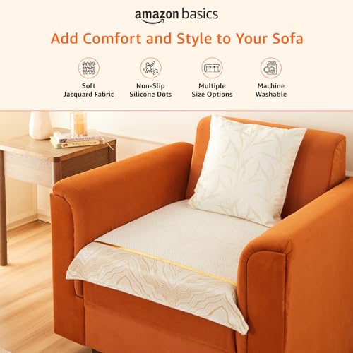 Image of Amazon Basics Knitted Fabric Sofa Cover for Single Seater, Classic Plaid, Non-Slip Sofa Pad, 70x70 cm, Soft Silicone Grip Dots, 100% Polyester, Machine Washable - Off-White