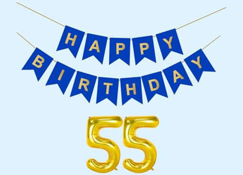 Image of 55th Happy Birthday Decoration Kit Dark Blue for 55 year Old Women with Number Fifty-five Party Decorations Decor Celebration Items Item Set Combo Reusable Paper Banner