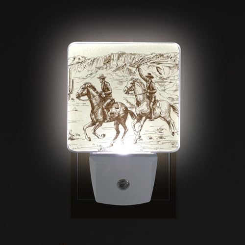 Image of Western Desert Cowboy Night Lights 2 Pack Plug-in Wall Led Nightlight Auto Dusk-to-Dawn Sensor Lamps for Bedroom Kitchen Bathroom Hallway Stairs