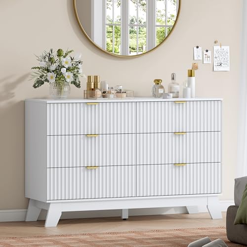 Image of Wodeer 6 Drawer Fluted Dresser for Bedroom, Mid Century Modern Dresser with 6 Drawers, Dressers & Chests of Drawers with Metal Handle, TV Stand & Storage Organizer for Entryway, Hallway, White