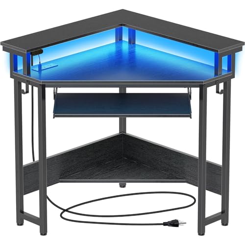 Corner Gaming Desk - 44.5 W x 34.5 H Small Computer Desk with Power Outlets Home Office Desk with LED Lights Triangle Corner Table with Keyboard Tray & Monitor Stand for Small Space Black