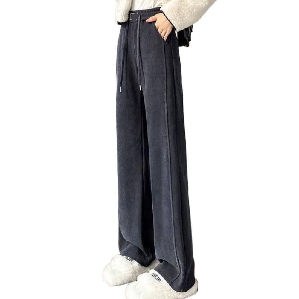 Womens Fleece Wide Leg Pants Waist Straight Leg Casual Trousers for Autumn Winter Velvet Thickening Black L