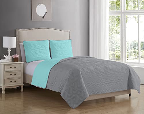 Blissful Living Reversible Luxury Pinsonic Solid Quilt Set Including Shams – Lightweight And Soft For All Year Round Comfort, Available In Twin, Full / Queen And King Size (Aqua/Grey, Twin) #TOP1