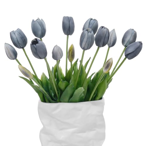 LINSIE 15 Pcs Fall Blue Artificial Tulips Fake Flowers, Premium Latex Lifelike Texture, UV Resistant Waterproof Faux Tulip Bouquets with Snap-on Petals for Outdoor, Home, Wedding Decor