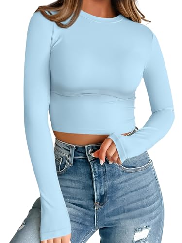 Trendy Queen Womens Long Sleeve Crop Tops Basic Slim Fitted Shirts Casual Fashion 2025 Going Out Y2k Tops Teen Girl Clothes Baby Blue XS