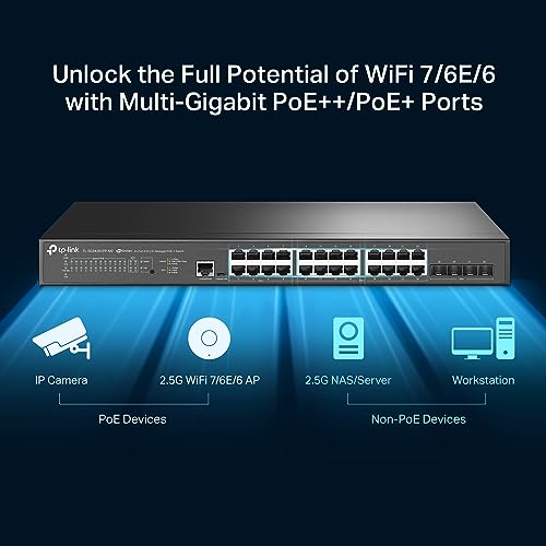 Image of Omada SG3428XPP-M2 | 24 Port 2.5 GB PoE Switch, 4 x 10 GE SFP+ Port | 16 PoE+ and 8 PoE++ Ports@500W | L2+ Smart Managed | Omada SDN Integrated | IPv6 | VLAN, ACL, QoS, IGMP Snooping