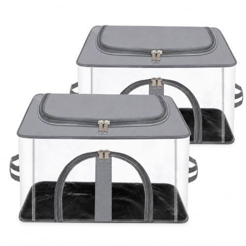 Image of DALUCI 2 Pack Wardrobe Storage Bags for Clothes, Saree & Blanket Organizer with Zipper & Handle, Foldable Underbed Storage Box, Moisture Proof Cloth Storage Bag (Transparent+Grey, 2-Pack)