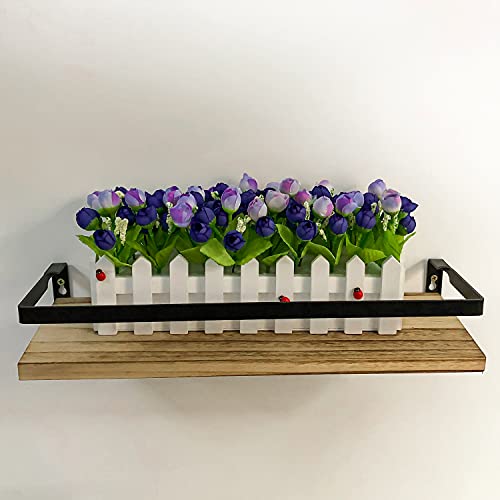 Artificial Flower Plants - Fake Roses and Rosebuds in Wood Picket Fence Pot for Indoor Office Wedding Home Decoration ( Set of 2, Blue)