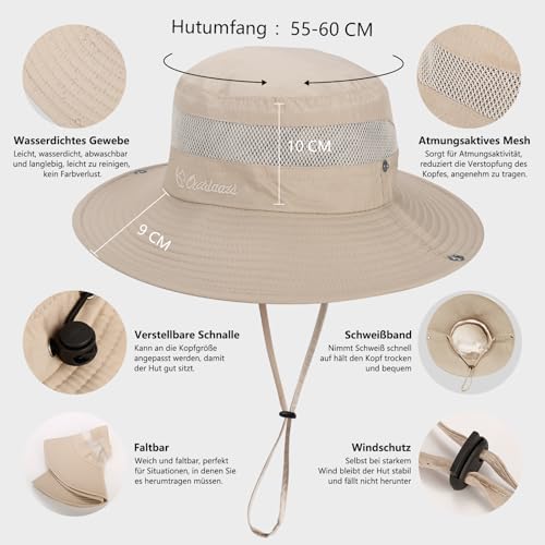 FLEERNIO Beige Unisex Erwachsene Sonnenhut, UV Schutz 50, Faltbar, Atmungsaktiv, Wasserresistent, Cowboy Stil, Für Outdoor Aktivitäten, Wandern, Angeln, Camping, Strand, Parks, Casual