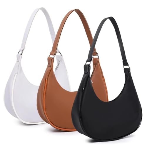 3 Bolsas MEIA LUA Bolsa Feminina Pequena, Macia e Leve, 20 x 24 x 4 cm, Ideal para Festas, Balada e Dia a Dia, Versátil e Elegante (Branco, Marrom e Preto)