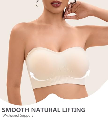 Image of Strapless Bras for Women-Push-Up Non-Slip Bandeau Bra,Seamless Wirefree Padded Tube Top Convertible Straps Bralette Beige