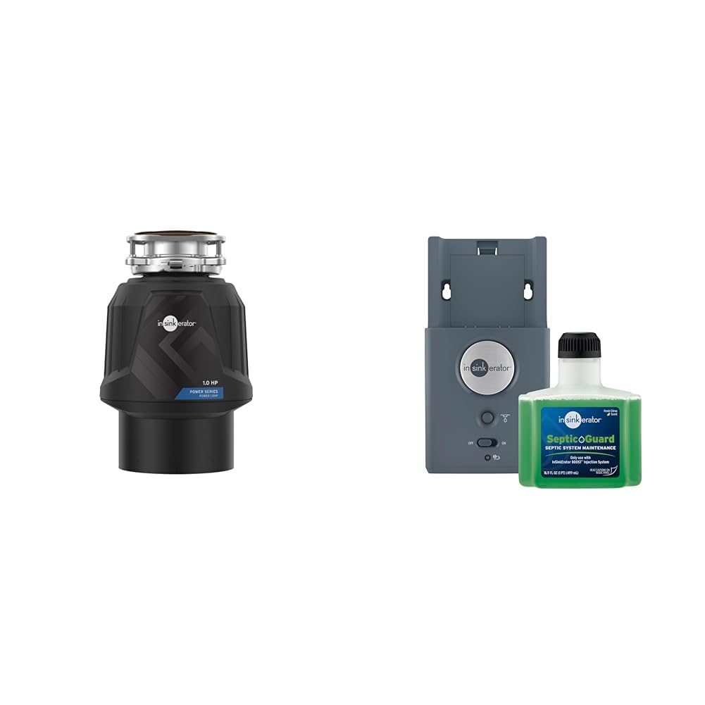 InSinkErator Power 1HP Garbage Disposal, Power Series EZ Connect Continuous Feed Food Waste Disposer + InSinkErator BOOST Injection System with Septic Guard Solution, Septic System Maintenance BST-SG