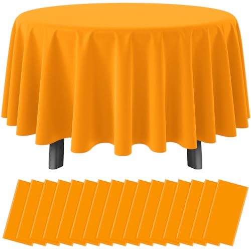Image of 16 Pack Orange Plastic Tablecloths for Round Tables, Premium Decorative Orange Disposable Table Covers for Parties, Round Party Table Cover for Fall Autumn Birthday Thanksgiving Graduation, 84 Inch