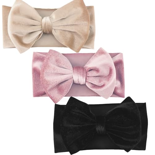 Image of Hjiaruiky 3PCS Baby Girl Bows Baby Headbands Fall Velvet Bows for Baby Girls Newborn Handmade Elastic Hair Bows Headbands for Baby Infant Black Beige Pink (Beige+B- pink+Black)