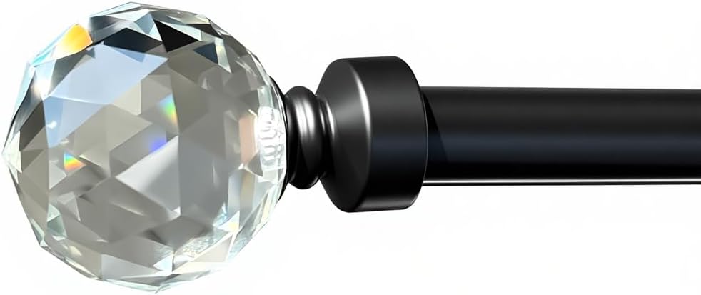 Iron Home™ Luxury Curtain Rod 32–207 Inches, Heavy Duty 1-Inch Metal, Black Finish with Crystal Finials, Adjustable for Small to Large Windows, Sliding Doors & Patio Curtains