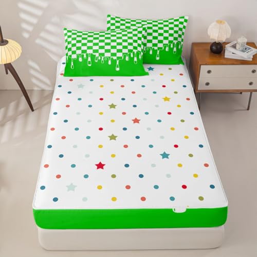 Image of Bright Green Checkered Zipper Bedding for Full - 4 Piece Zip Up Comforter Set with Fitted Sheet & 2 Pillowcases,Breathable Checkerboard Drip Y2K Aesthetic Geometric Bed in a Bag,All Season Lightweight
