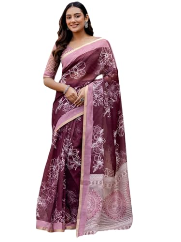 Image of SIRIL Women's Printed Cotton Linen One Minute Ready to Wear Saree With Unstitched Blouse Piece
