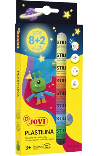 Jovi - Plastilina que BRILLA en la oscuridad - Estuche con 10 barritas de 15 Gramos, Colores Surtidos 8 básicos + 2 FOSFORESCENTES, sin gluten (90/10G)