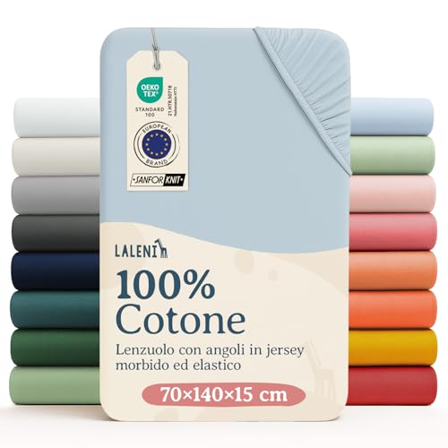 Laleni Lenzuola Culla Neonato - Lenzuola Lettino - Lenzuola Carrozzina Neonato - Coprimaterasso Culla con Angoli Elastici - Coprimaterasso Lettino 100% Cotone 135gsm - Azzurro - 60x120-70x140cm