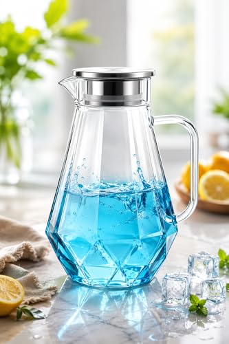Image of PrimeWorld 1 Pc Premium Juice and Water Glass Pitcher jug with Wooden Lid and 1.1 Liter Jug Romantic Style Water jug with Handle hot Cold Water, Milk and Juice Beverage Carafes