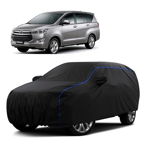 Image of Sulfar 100% Water Resistant Car Body Cover Compatible with Mirror for Toyota Innova (Triple Stitched, Full Bottom Elastic, Black Tafetta with Blue Piping)