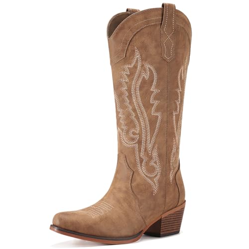 Rollda Cowboy Boots for Women, Cowgirl Boots Vintage Retro, Womens Western Boots Snip Toe with Chunky Heel for Ladies Pull On Side Zipper