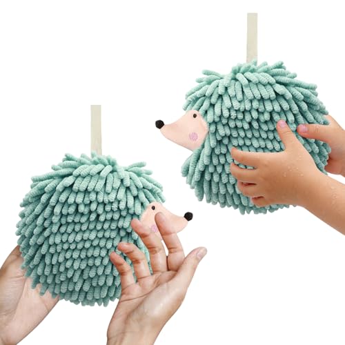 REDVIOR Hedgehog Shape Hanging Ring Hand Towels 2-Pack (Green) Chenille Super Absorbent Quick-Dry Towels Household Cleaning Cloths for Bathroom and Kitchen