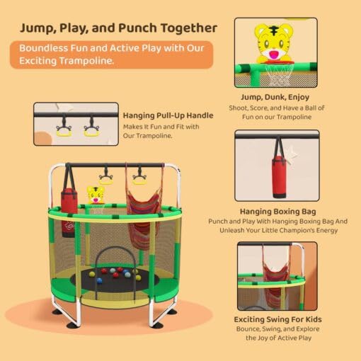 Image of StarAndDaisy 4 in 1 Trampoline with Safety Net, Pull Up Handle, Boxing Bag & Swing for Kids Girl & Boy Indoor & Outdoor Play. (Orange & Yellow)