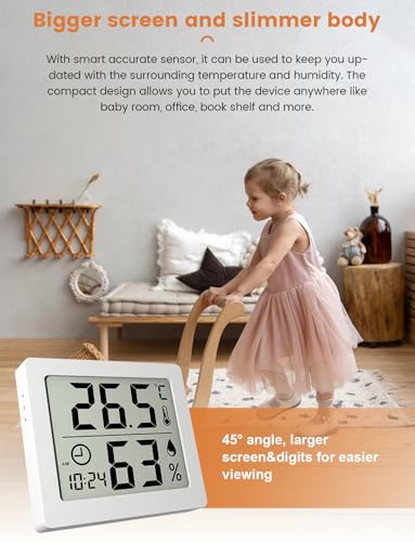 Digitales Thermo-Hygrometer Innen Thermometer Hygrometer Temeo Hygro Indicator 3,1” großer LCD-Bildschirm Temperatur und Luftfeuchtigkeitmessgerät mit Uhr (weiß)