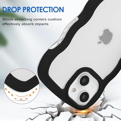 Image of GoldKart iPhone 13 /14 Case Wavy Edge Clear Back Design, Anti-Slip Grip Cute Wave Curly Frame Shape Shockproof Soft TPU & Hard PC Bumper Protective Phone Case Cover for Women Girls - Black