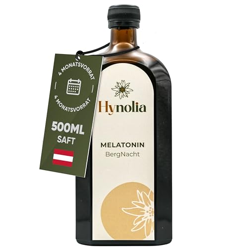 Hynolia Naturprodukte - Melatonin Saft 500ml Glasflasche für Kinder & Erwachsene - Vegan & Natürlich mit wertvollen Pflanzen-Extrakte - 0,4 mg pro Teelöffel - Alternative zu Tropfen und Einschlafspray